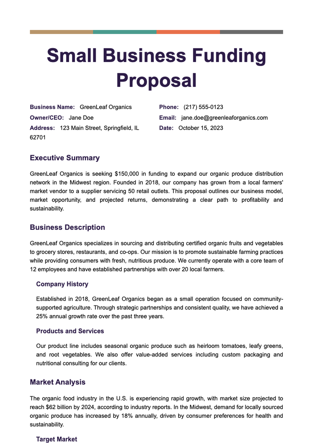 Small business funding proposal for Fresh Horizons Cafe with executive summary and market analysis_variant_1
